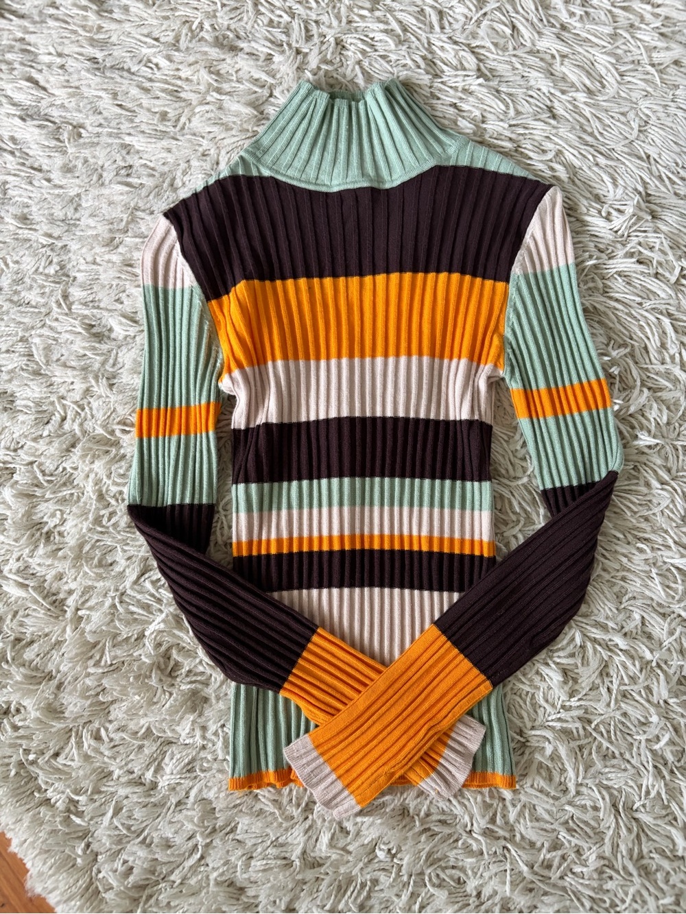 Urban Outfitters Striped Ribbed Turtleneck in Mint, Orange, Brown, Cream